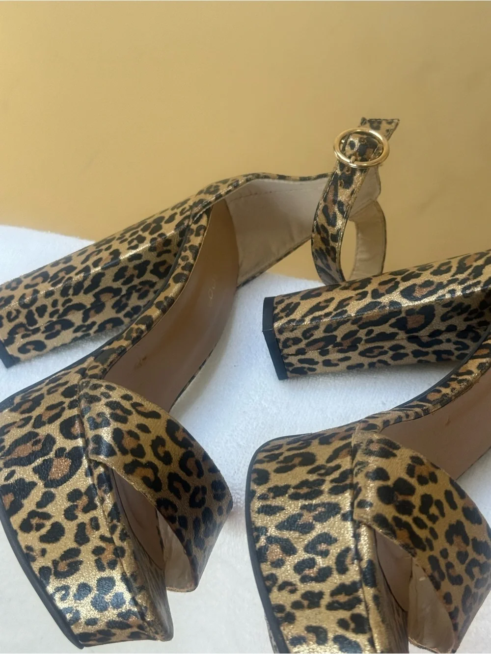 BAMBOO Leopard Platform Ankle Strap Block Heel Sandals - Brown/Black